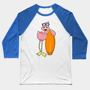 Flamingo as Surfer with Surfboard Baseball T-Shirt